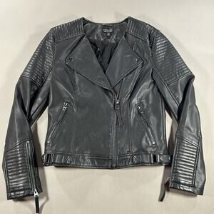 Topshop Womens Black Faux Leather Moto Jacket US 6 With Silver Zippers
